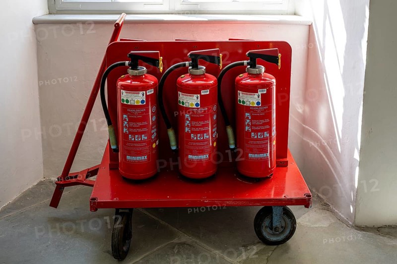 Handcart, equipped with fire extinguisher in the cloister, Salem Castle, former imperial abbey, former monastery of Order of Cistercians, Salem, Lake Constance, Lake Constance district, Baden-Württemberg, Germany, Europe