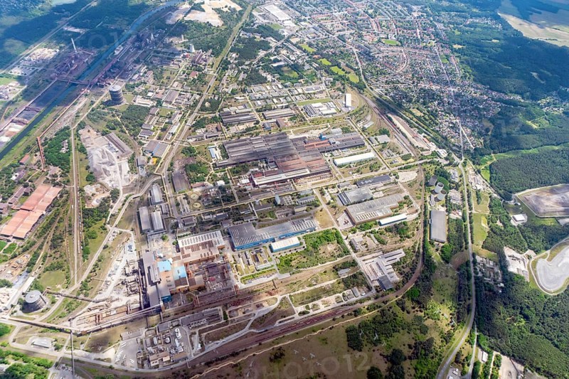 Aerial view ArcelorMittal Eisenhüttenstadt GmbH, steelworks, steel mill, rolling mill, industry, East Germany, Brandenburg, Germany, Europe