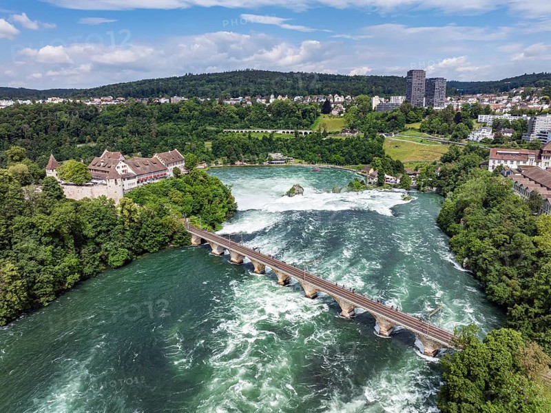 Aerial view of the Rhine Falls with railway viaduct and Laufen Castle, Neuhausen, Canton Schaffhausen, Switzerland, Europe
