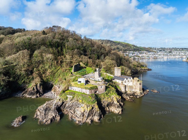 Dartmouth Castle over River Dart from a drone, Dartmouth, Kingswear, Devon, England, United Kingdom, Europe