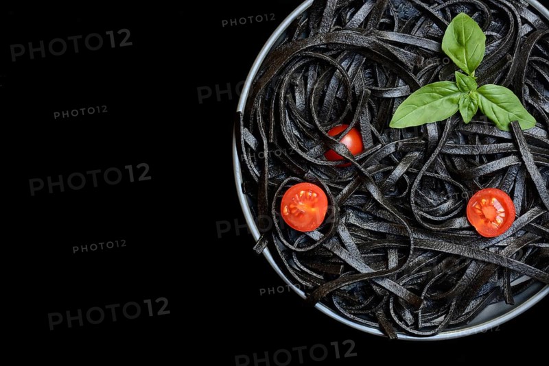 Black pasta coloured with squid ink, Taglioni al Nero di Seppia, Italy, Europe