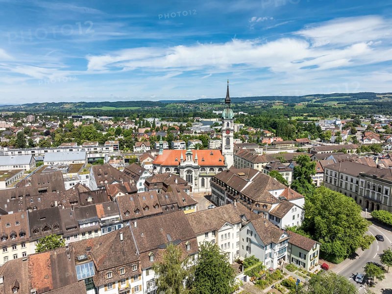 Aerial view, townscape, town centre, old town of Frauenfeld, with the town church of St. Nicholas, neo-baroque sacral architecture, Canton of Thurgau, Switzerland, Europe