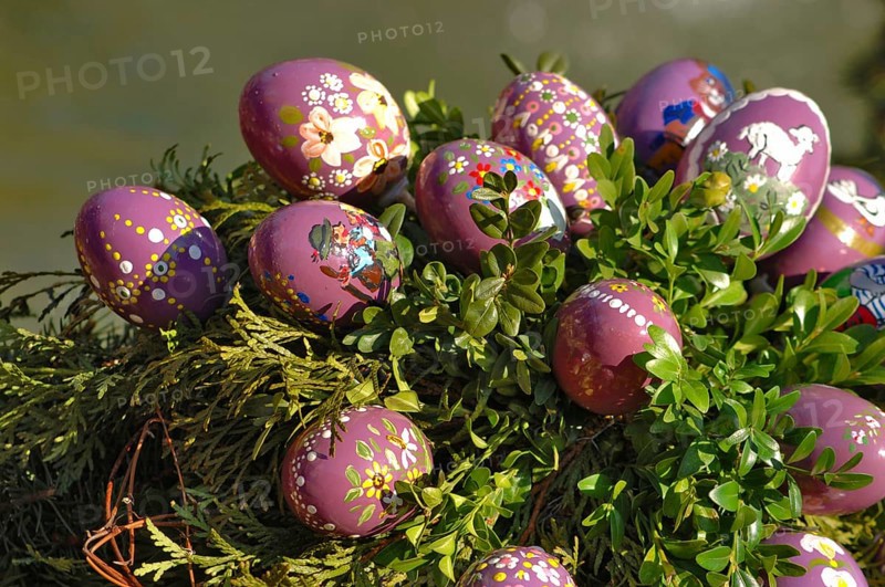Easter custom, Easter fountain in Franconian Switzerland, detail, here in Bieberbach, district of Forchheim, Upper Franconia, Bavaria, Germany, Europe
