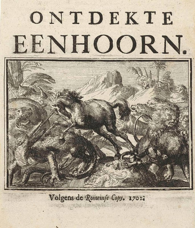Title page for the pamphlet, The Discovered Unicorn, 1701, Holland, Historical, digitally restored reproduction from a 19th century original, Record date not stated