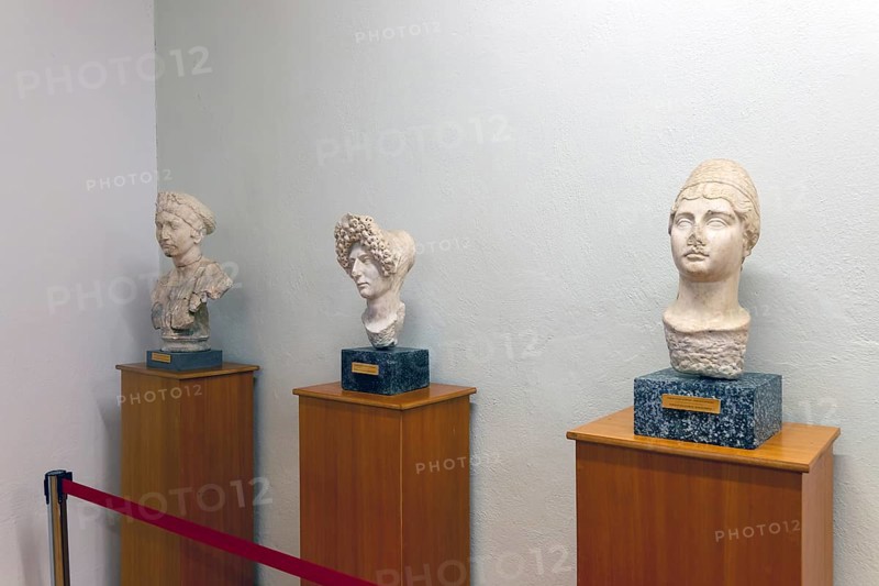 Carved marble Roman portraits head of three women, archaeology museum, Apollonia Archaeological Park, Albania, Europe
