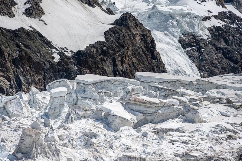 High alpine mountain landscape, glacier ice with crevasses, La Jonction, Chamonix, Haute-Savoie, France, Europe