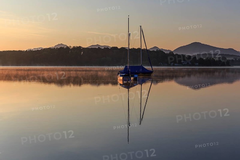 Morning light, mountains reflected in lake, summer, sailing boats, silence, tranquillity, Riegsee, Alpine foothills, Bavaria, Germany, Europe