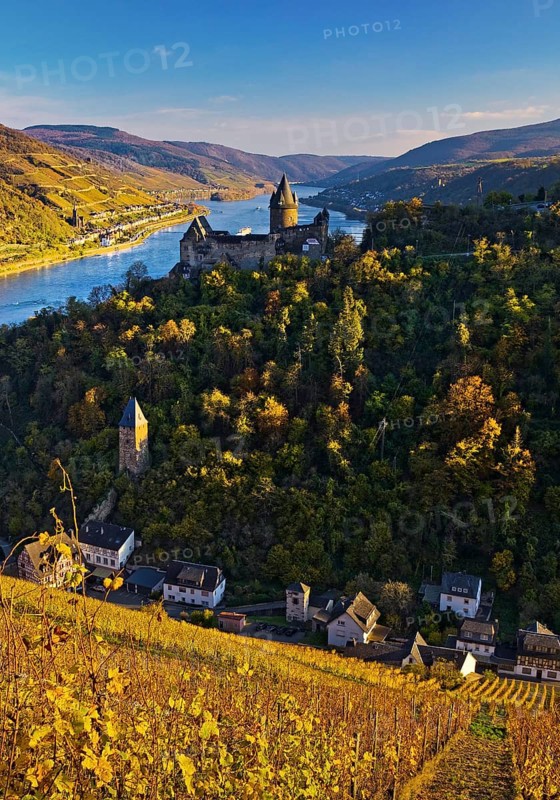 View of Bacharach with Stahleck Castle, hilltop castle above the Rhine, Upper Middle Rhine Valley in autumn, Rhineland-Palatinate, Germany, Europe
