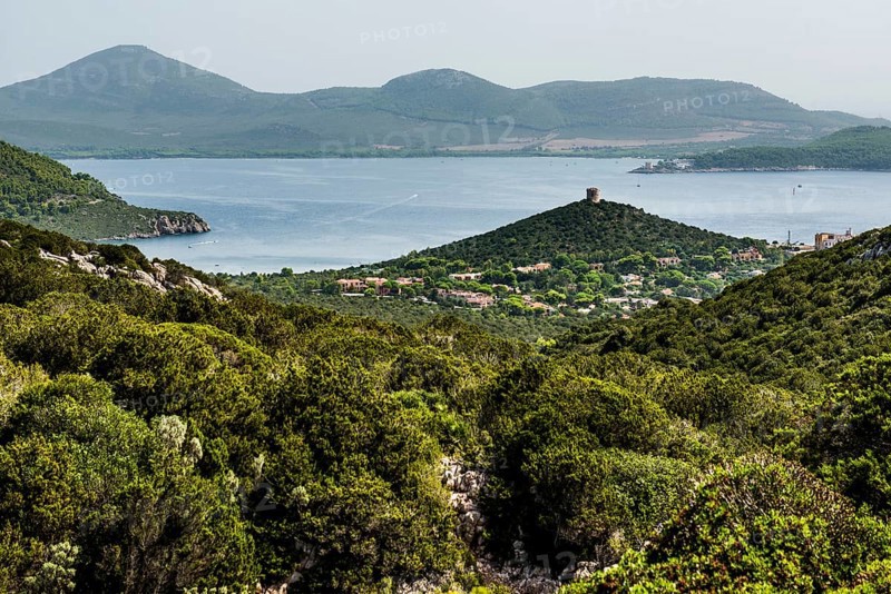 Coastal landscape and old Genoese tower, Capo Caccia, near Alghero, Sardinia, Italy, Europe