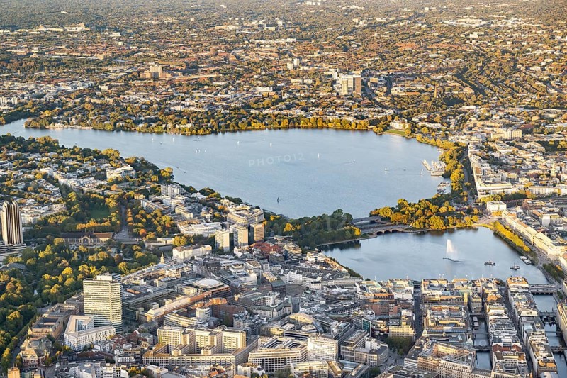 Aerial view of the Outer and Inner Alster and Jungfernstieg at sunset, Hamburg, Germany, Europe