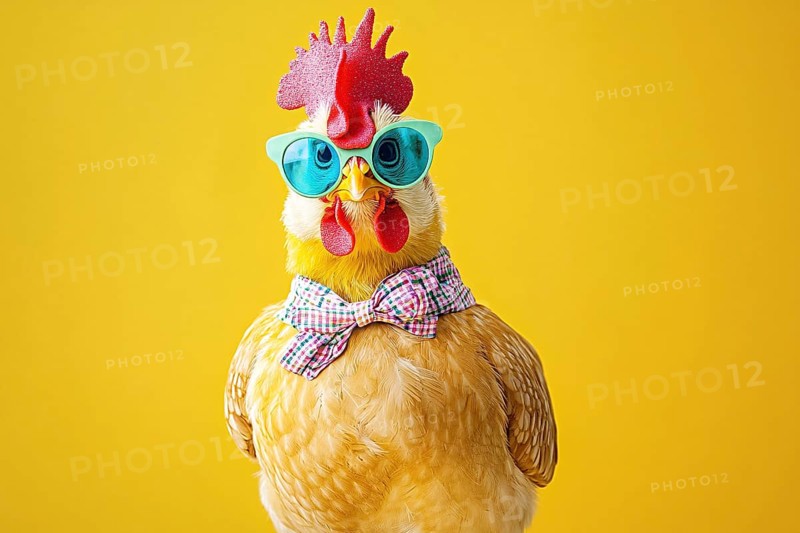 Funny chicken with bow tie and sunglasses in fornt of yellow background. Generative Ai, AI generated