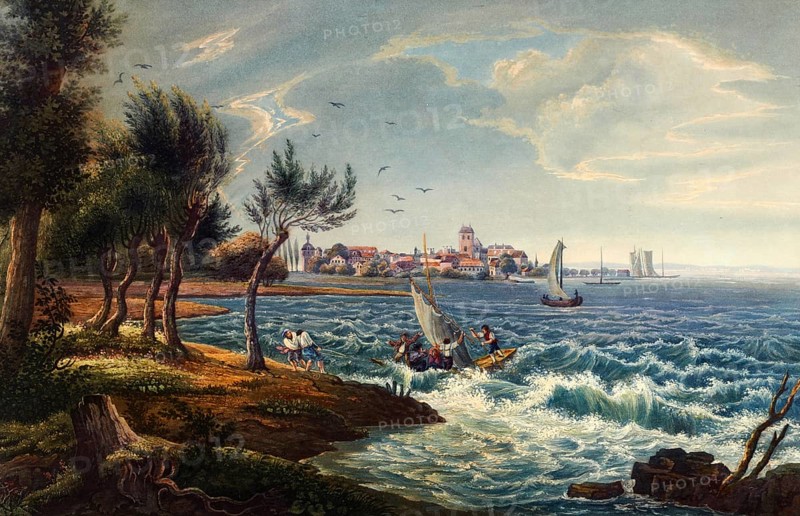 View of the town of Arbon and Lake Constance, in the canton of Thurgau in Switzerland, view around 1830, digitally restored reproduction of a 19th century model by Johann Ludwig Bleuler (12 February 1792 - 28 March 1850), Swiss draughtsman and painter
