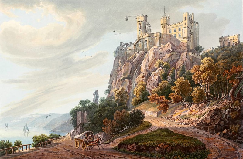 Rheinstein Castle, also known as Voitsberg Castle or Vaitzburg Castle, is a Spornburg in the upper Middle Rhine Valley in the municipality of Trechtingshausen in the district of Mainz-Bingen in Rhineland-Palatinate, Germany, view from around 1830, digitally restored reproduction of a 19th century model by Johann Ludwig Bleuler (12 February 1792 - 28 March 1850), Swiss draughtsman and painter, Europe