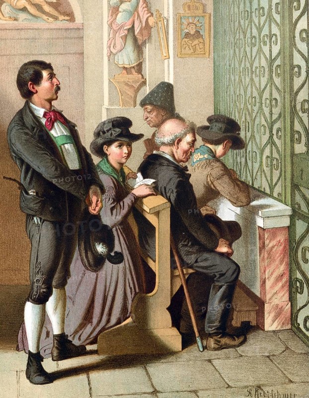 Traditional costumes in Germany around 1820, Tyrol, upper Inn Valley, group of people in traditional traditional costume praying in a church, digitally retouched reproduction of a model from around 1850, by Albert Kretschmer (27 February 1825, 11 July 1891), German painter and costumier
