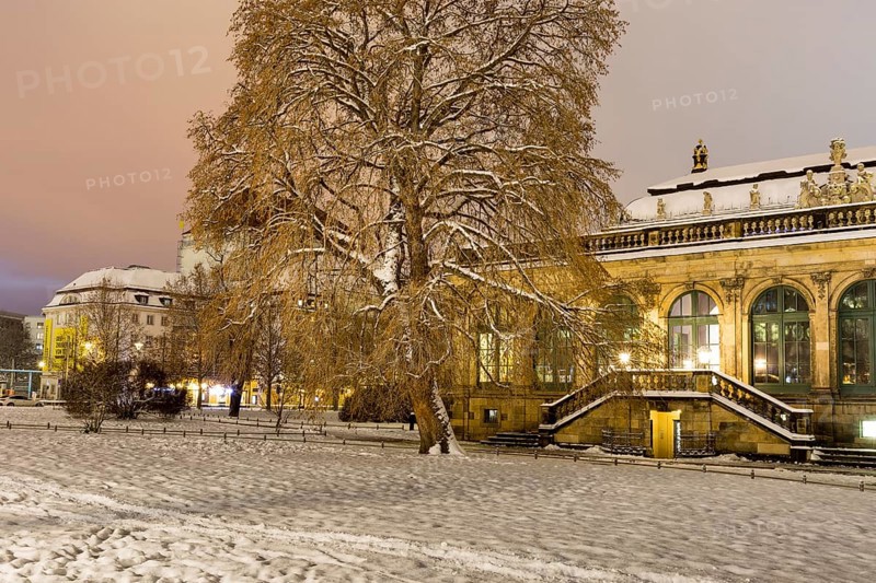 Old Town in the snow, porcelain pavilion of the Zwinger, exterior view at night, Dresden, Saxony, Germany, Europe