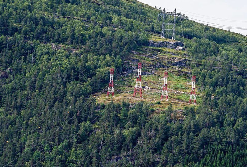 High voltage power line at lake Hornindalsvatn, west of Stryn, Norwy