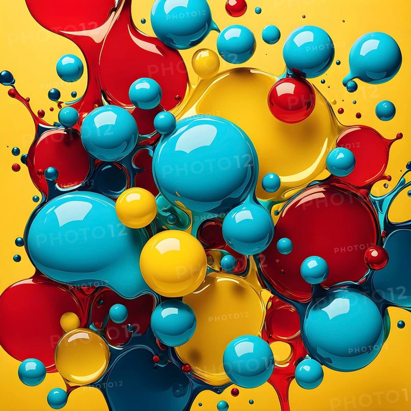 Abstract image with vibrant blue and red blobs and liquid shapes on a yellow background, AI generated