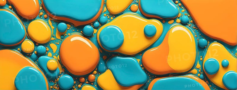 Abstract wallpaper with colorful turquoise and yellow blobs and liquid shapes on a orange background, AI generated