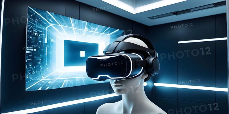 Three dimensional render of a woman wearing virtual reality glasses, AI generated