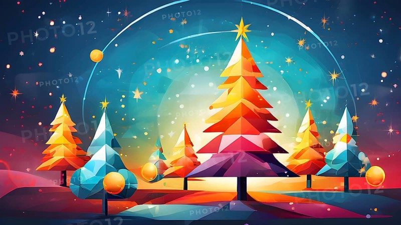 Abstract Christmas tree illustration with vibrant colors and geometric shapes, AI generated