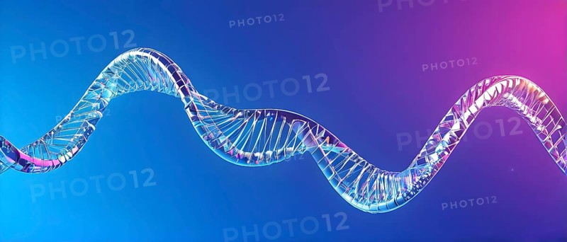 DNA double helix structure against gradient blue background, AI generated