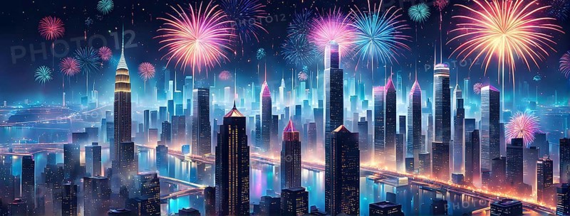 Wallpaper illustration of a cityscape on New Year's Eve, with glowing skyscrapers and floating holographic fireworks, blending a sense of festive atmosphere, AI generated