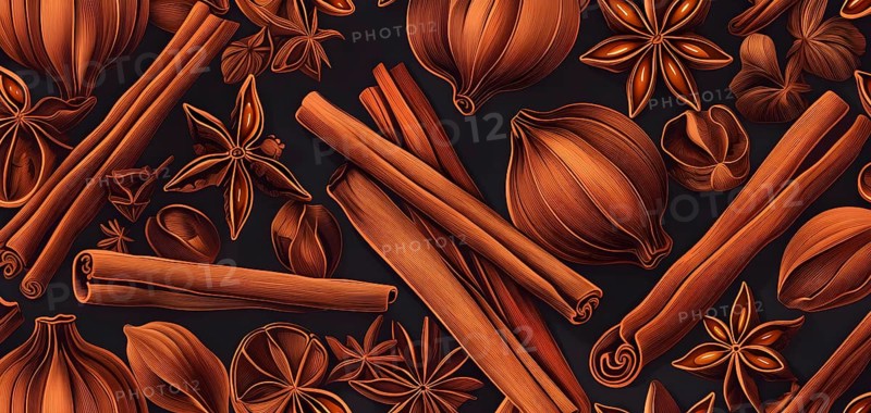 Abstract wallpaper illustration of Christmas spices like cinnamon sticks, star anise, and cloves, AI generated