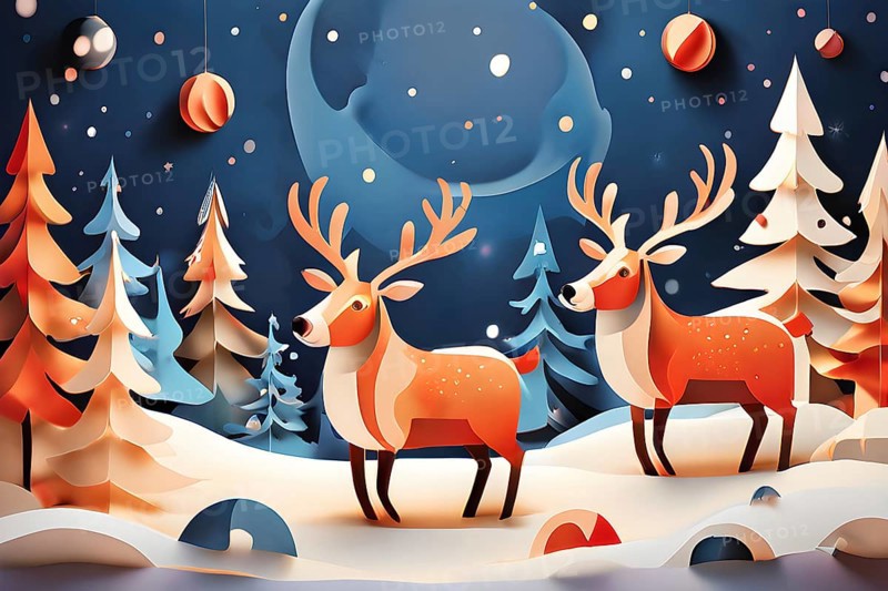 Whimsical abstract scene with stylized reindeer and sleighs to capture the magic of Christmas, AI generated