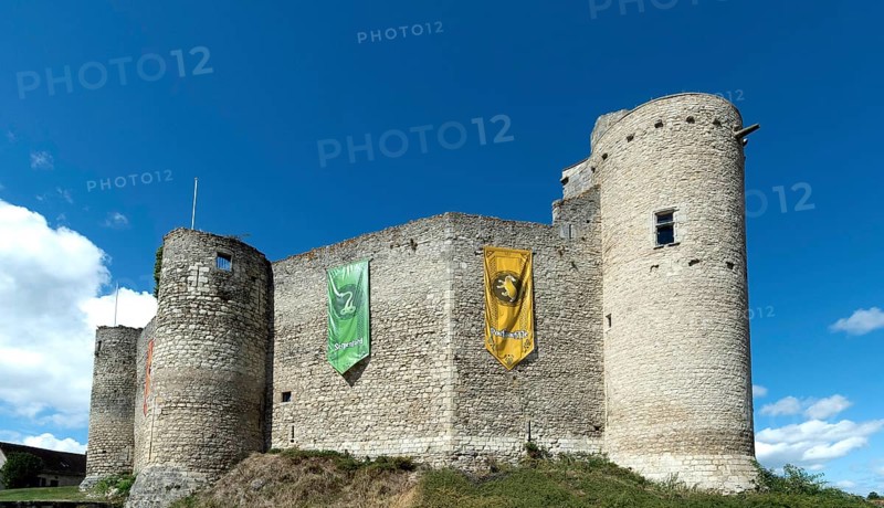Billy. The fortress castle of the XIII Century, and its coloures banners of the houses of Hogwarts College (Harry Potter), Allier. Auvergne-Rhone-Alpes.France