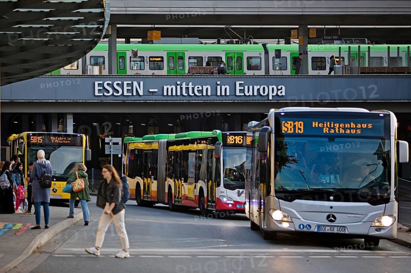 Essen public transport buses at Essen central station with local train, public transport, Deutschlandticket, Essen, Ruhr area, North Rhine-Westphalia, Germany, Europe