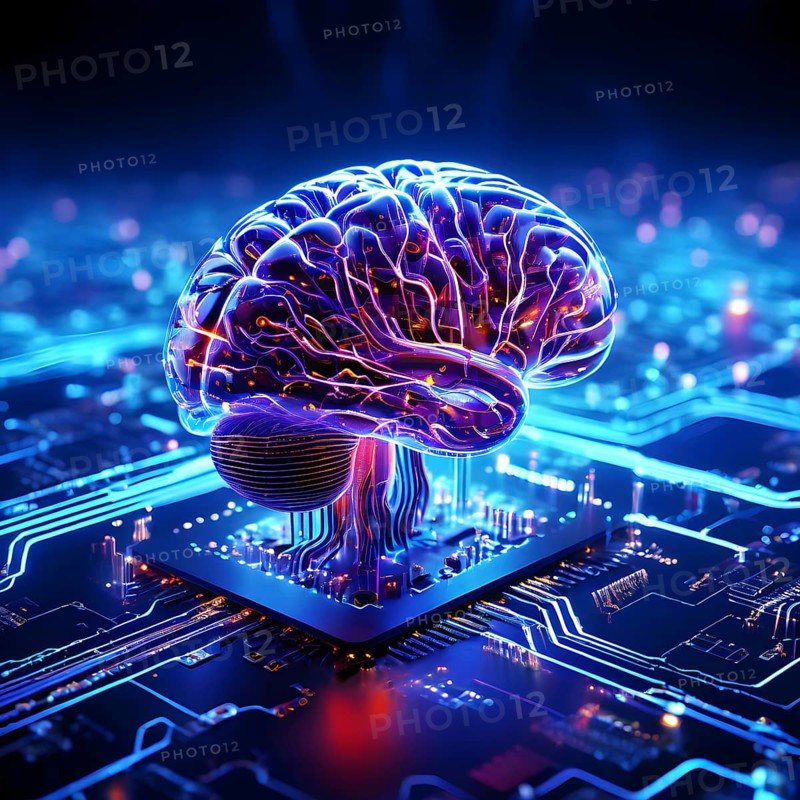Human brain intricately interlinked with the circuits of a computer board symbolizing artificial intelligence, AI generated