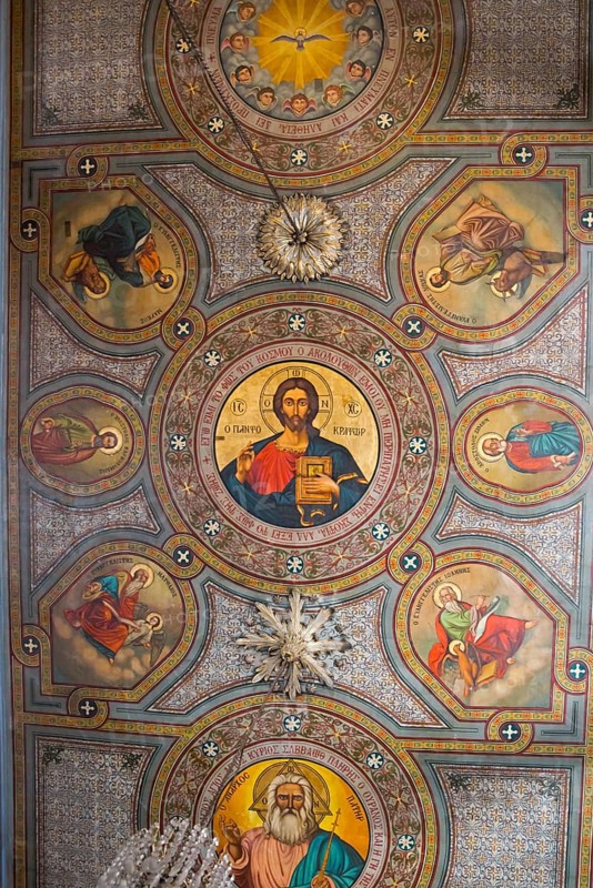 Detailed orthodox fresco on a church ceiling with religious icons and symbolic elements, Panaghia Church, Nafplio, Nafplio, Nafplion, Argolis, Peloponnese, Greece, Europe