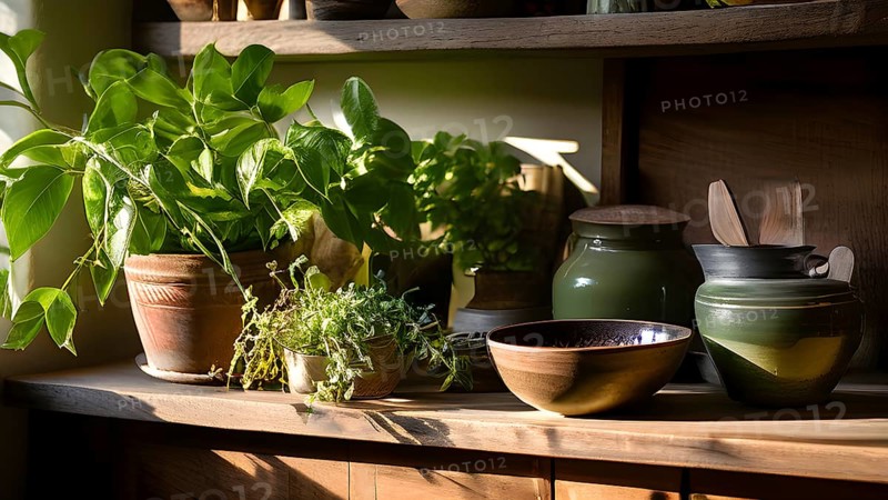 A sunlit kitchen corner, with a rustic wooden shelf holding neatly arranged ceramic bowls and a single, vibrant green houseplant, AI generated