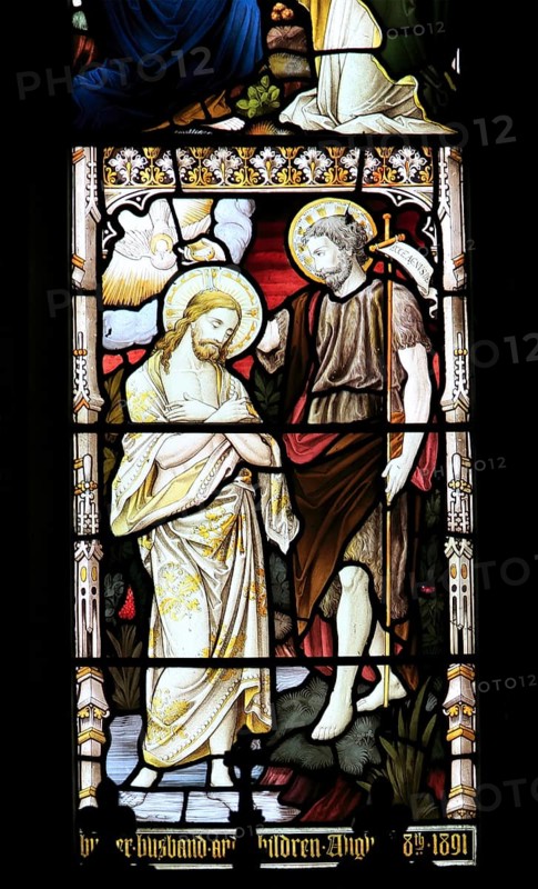 Church of Saint Mary, Gosbeck, Suffolk, England, UK stained glass window, baptism of Jesus and John the Baptist