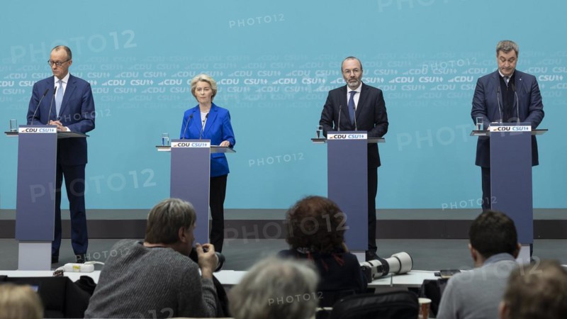 Friedrich Merz, CDU Party Chairman, Ursula von der Leyen, President of the European Commission, Manfred Weber, EPP Group Chairman and Markus Söder, Minister-President of Bavaria, at a press conference after the joint meeting of the CDU/CSU Presidiums on the European election programme in Berlin, 11 March 2024