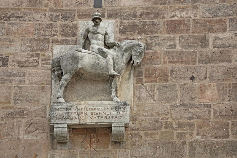 Equestrian figure from the war memorial at St John's Church, sculpture, stone, Ansbach, Middle Franconia, Franconia, Bavaria, Germany, Europe