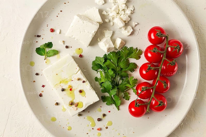Feta cheese, for salads, with cherry, green butter, greens, on a white plate, appetizer, top view, close-up