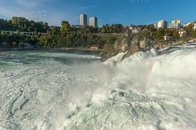 Rhine Falls seen from Schloss Laufen, rocky island, skyscrapers, rapids, spray, Canton Zurich, on Neuhausen, Switzerland, Europe