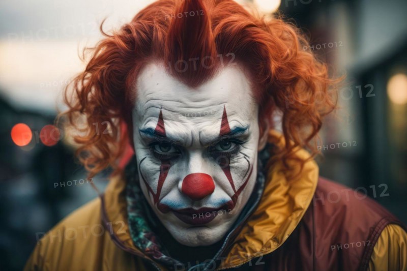An evil clown with red hair and a red nose is wearing a yellow outfit. The clown has a sad expression on his face, AI generated