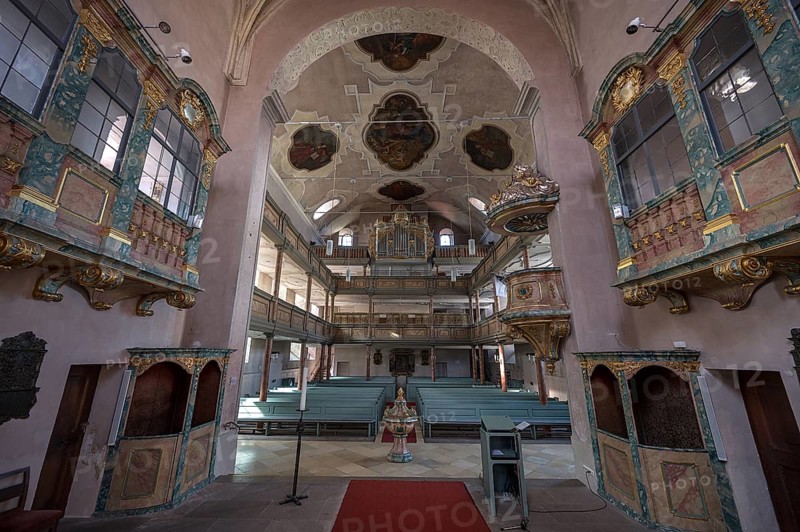Interior with patronal boxes and organ loft, 1738 inauguration of the baroqueised town church of St. Maria, Hersbruck, Middle Franconia, Bavaria, Germany, Europe