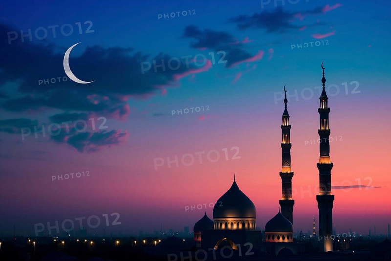 Ramadan with a mosque silhouetted against a starry night sky, illuminated by the crescent moon, AI generated