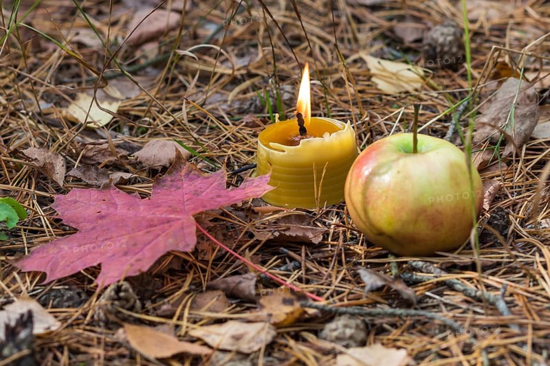A burning candle with apple and red leaves. still life