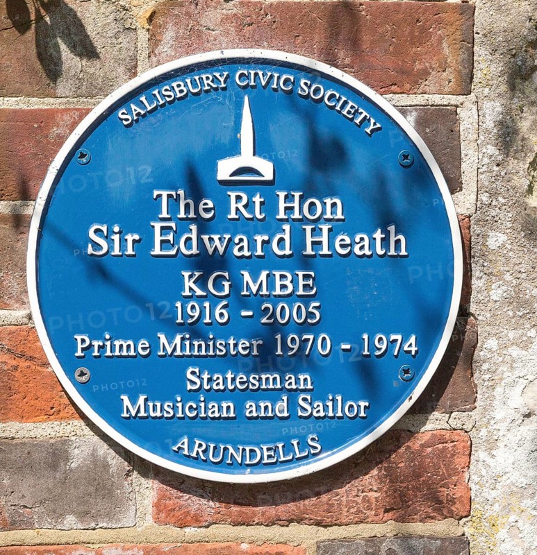 Blue plaque at Arundells to Sir Edward Heath 1916-2005, Prime Minister 1970-1974, Salisbury, Wiltshire, England, UK