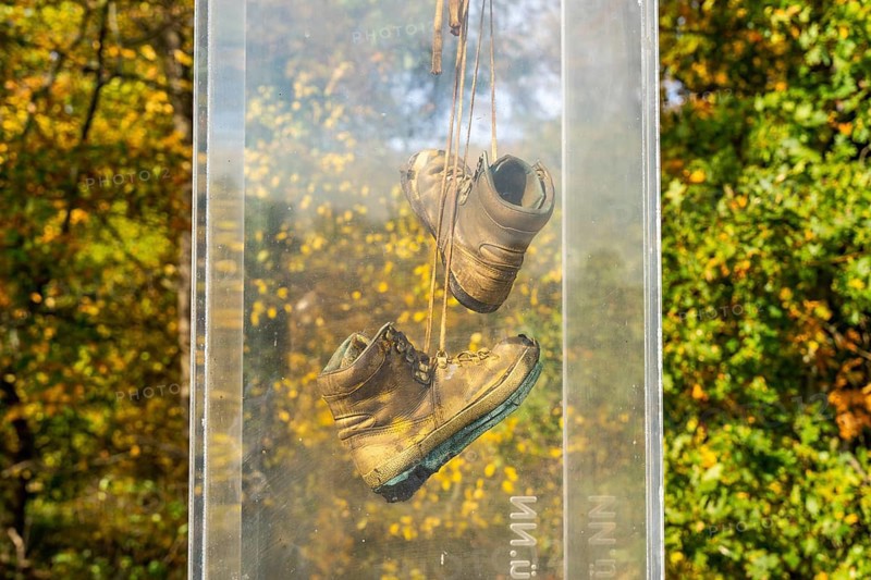 Art installation with hiking boots, artists Walter Gramming and Ushi F, Wiesenburg, International Art Trail, Hoher Fläming nature park Park, Brandenburg, Germany, Europe