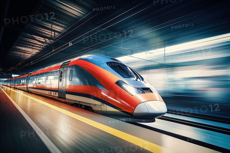 Modern high speed train in a futuristic train station. Modern transportation technology, speed, travel concepts. Railroad with motion blur effect, AI generated