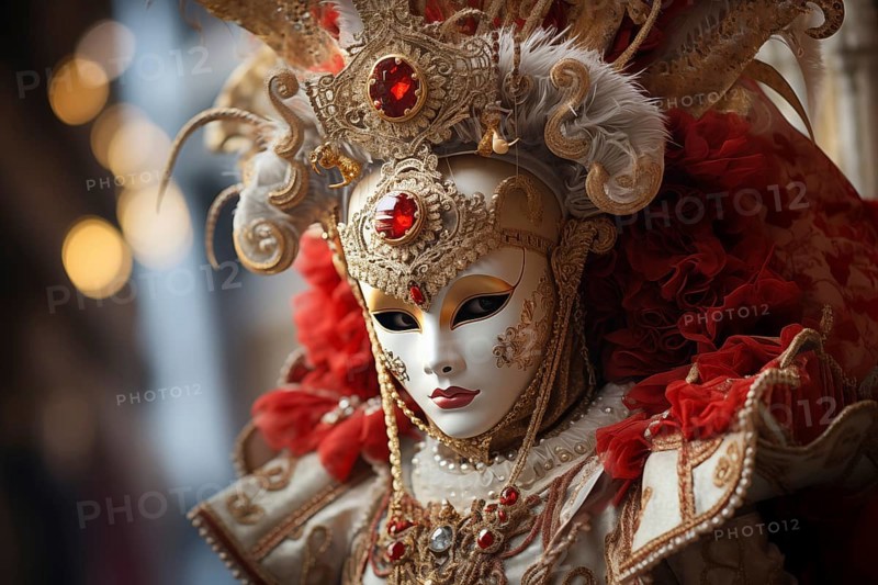 A person adorned in a richly detailed and colorful carnival costume, complete with an elaborate mask, participates in the iconic Venice Carnival, AI generated