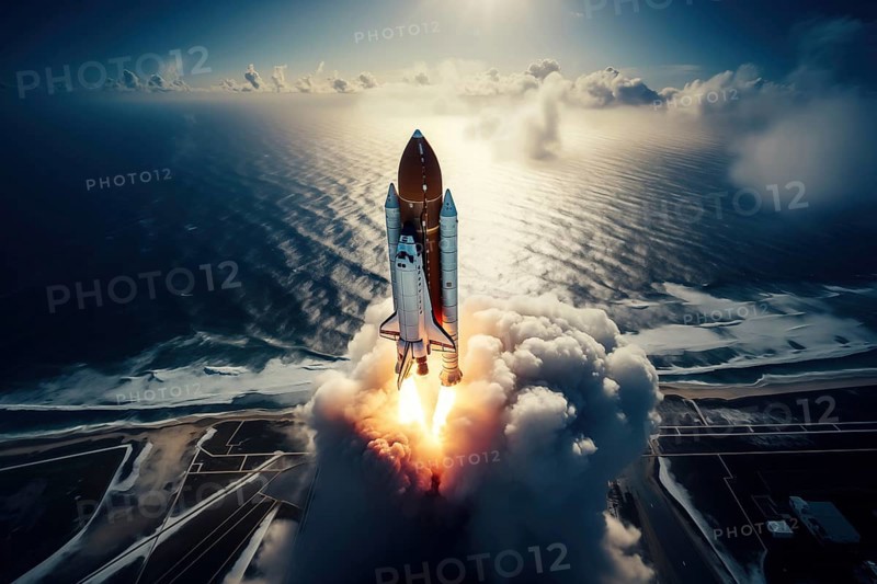 Aerial view of a rocket shuttle carrier launch at sunrise over an ocean coast. The rocket is blasting off with a trail of smoke and flames behind it, AI generated