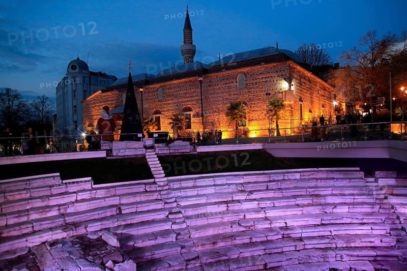 Roman stadium steps illuminated at night, city centre of Plovdiv, Bulgaria, Europe