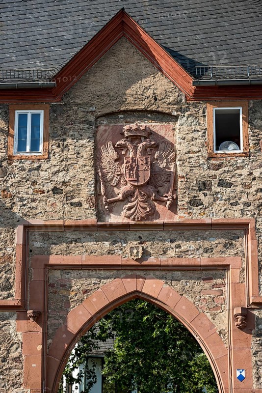 Coat of arms of the medieval Friedberg Castle with imperial eagle above the south gate, double-headed eagle, burgraviate of the Holy Roman Empire, castle gate, old town, Friedberg, Wetterau, Hesse, Germany, Europe