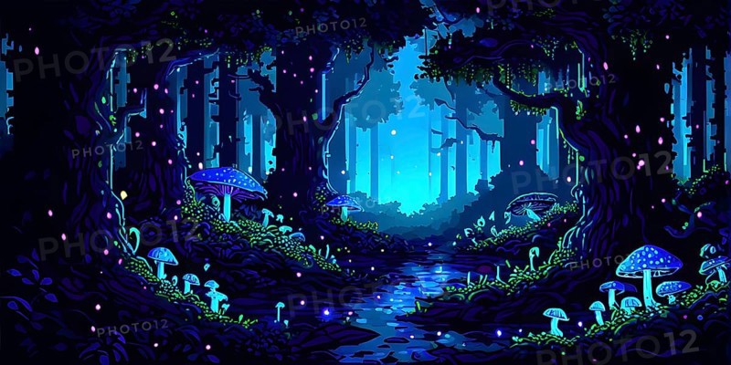 Enchanted magical forest in pixel art style with glowing mushrooms, AI generated
